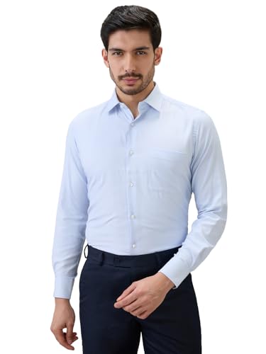Raymond Men Contemporary Fit Structure Pattern Bamboo Polyester Blend Semi Cutaway Collar Full Sleeve Formal Shirt Blue