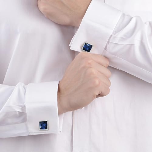 Peora Silver Plated Blue Crystal Cufflinks for Men Boys Wedding Business Gift