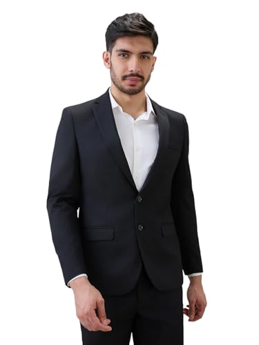 Raymond Men Contemporary Fit Solid Pattern Poly Viscose Blend Notch Lapel Full Sleeve Formal Suit Black