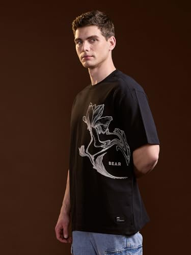 THE BEAR HOUSE Men's Black Pure Cotton Graphic Printed Oversize T-Shirt
