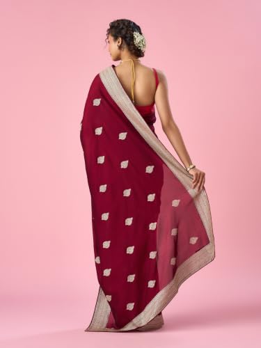 MOHEY Women's Wine Silk Saree with Stone Work with Blouse Piece (Wine)