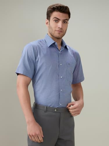 Raymond Men Regular Fit Solid Chambray Pattern Pure Cotton Semi Cutaway Collar Half Sleeve Formal Shirt