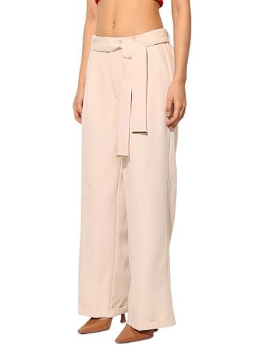 ONLY Women Loose Fit High-Rise Beige Pants with Belt