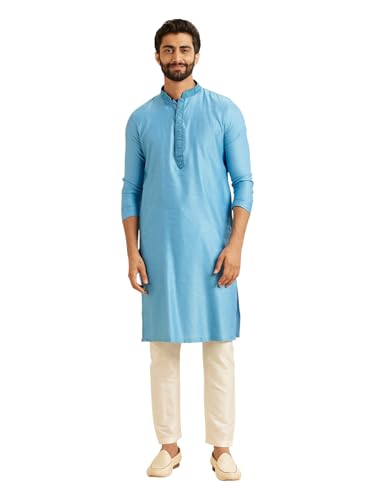 Manyavar Men's Viscose Blend Self-Design Kurta Pyjama Set (Light Blue,XXL)