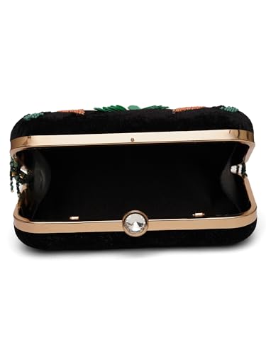FABBHUE Women's Black Bird Hand Embroidery Party Wedding Box Clutch Purse Bag with detachable Sling