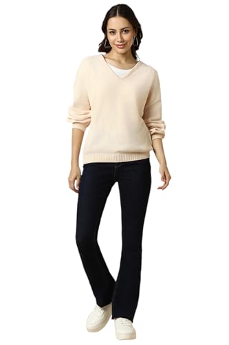 Women Beige Solid V Neck Casual Sweater