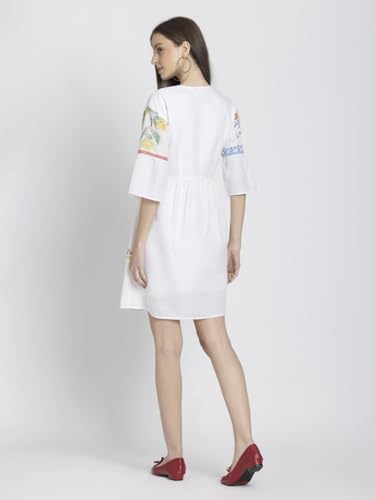 SHAYE White V-Neck Floral Print Three-Quarter Sleeves Casual Dresses for Women