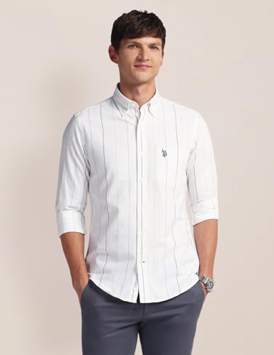 U.S. POLO ASSN. Mens White Striped Collared Neck Long Sleeve Men's Casual Shirts (USSHTFX0528_White_48)