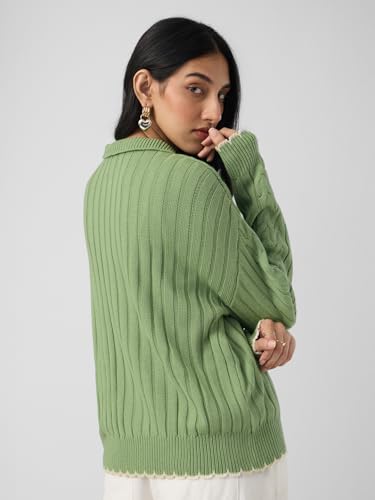 The Souled Store High-Neck Sweater: Soft Sage Women and Girls Full Sleeves Mock Neck Green Solid Acrylic Ribbed Texture Lightweight Everyday Oversized Fit Sweater
