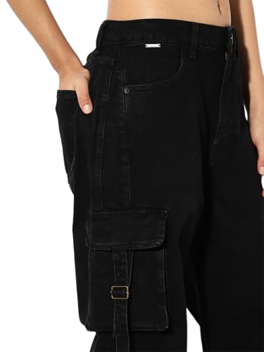 ONLY Women's Loose Fit Mid Rise Black Denim Jeans