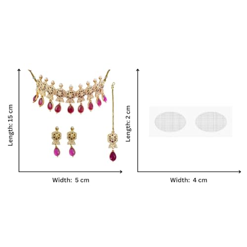 ACCESSHER Stunning Gold Plated Pink Choker Set with Earrings and Maang Tikka with a Pair of Transparent Earring & Maangtikka Supporter Patch | For Women & Girls