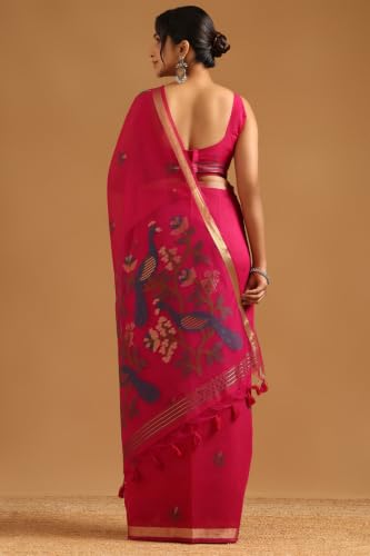 Soch Womens Fuchsia Chanderi Bird Motifs Zari Woven Saree