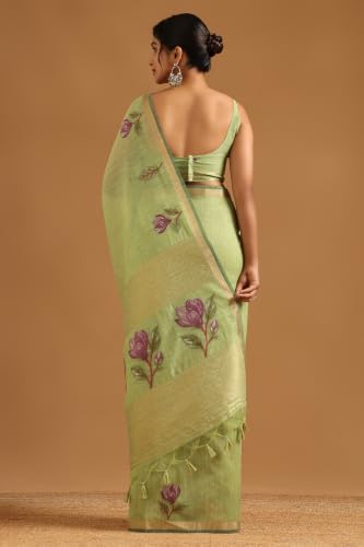 Soch Womens Light Green Organza Woven Design Saree