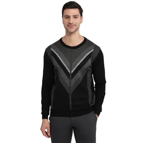 Raymond Men Regular Fit Intarsia Pattern Merino Wool Acrylic Blend Full Sleeve Round Neck Casual Sweater Black