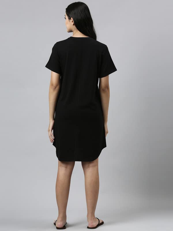 Enamor Essentials Short Sleeve Round Neck Relaxed Fit Cotton Mini Lounge Dress for Womens-E802 (E802_Jet Black/Blessed Graphic_XL)