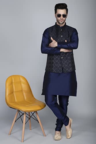 Ethluxis Men's Silk Blend Kurta Churidar Pyjama With Ethnic Bundi Jacket Set (38, Navy/Navy, Regular Fit)
