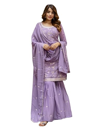 TRENDMALLS Women's Art Silk Embroidery Kurta Sharara Set with Dupatta (G313-LightPurple-XXL)