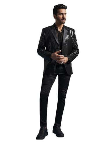 VASTRAMAY Men's Black Viscose Blazer & Pant Set - Allover Sequined Blazer Versatile to Be Adorned Over Shirt and Trouser
