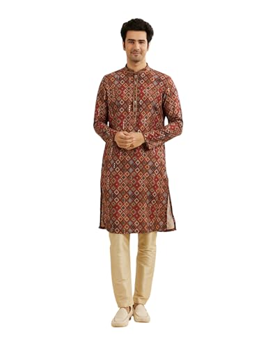 Manyavar Men's Viscose Blend Printed | Mirror Work Kurta Pyjama Set (Maroon,XL)
