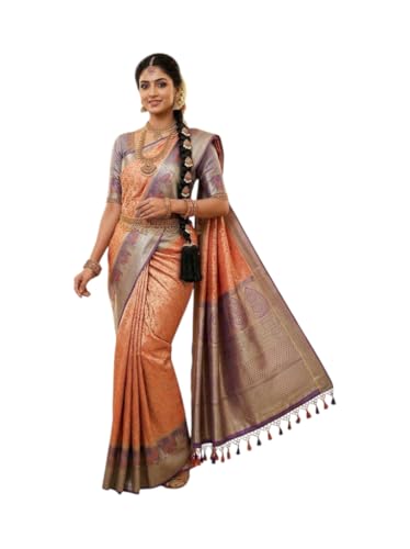 VFCollections Women's Traditional Handloom Kanchipuram Silk Pure Pattu Sarees – Peacocks Border | Rich Zari Woven Design | Bridal Saree | Unstitched Blouse (VFC690-3)