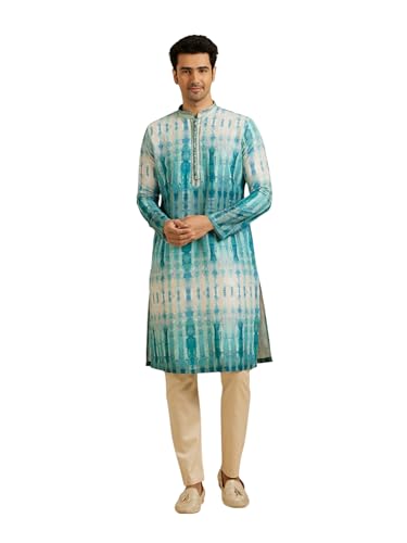 Manyavar Men's Art Silk Ombre Print Kurta Pyjama Set (Green,S)