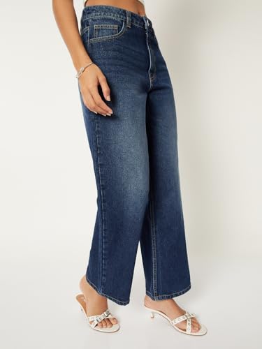 Max Women Washed Wide Leg Jeans(Blue_34)