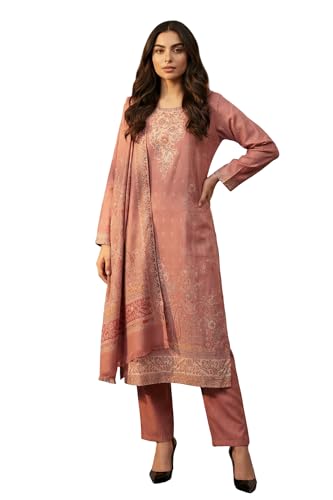 W for Woman Pink Geometric Printed Buttons Straight Kurta with Pant and Dupatta Set - (WS13310-314579-3XL)