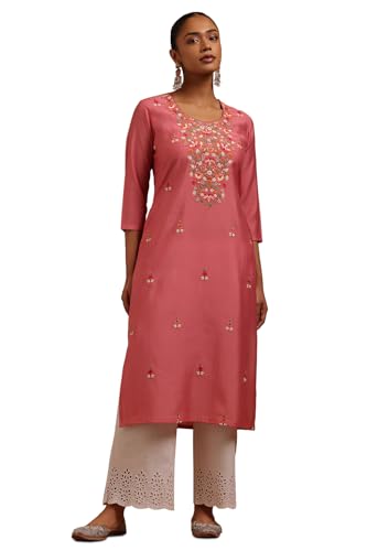 Soch Womens Pink Roman Silk Floral Chikankari Embroidered Kurta