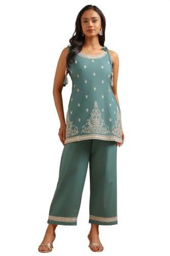 Soch Womens Teal Cotton Embroidered Ethnic Motifs Sequence Work Kurta Set