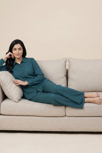 Zivame Mock Linen Woven Loungewear Set,Green