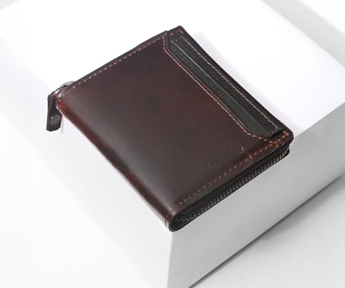 LOUIS STITCH Spanish Leather Bifold Zipper Wallet Purse for Men | RFID Protected Purse with 5 Card Slots, 1 Cash Compartment and 1 Transparent Card Holder, Genuine Leather, Brown (LSWL-11-ZLOPBB)