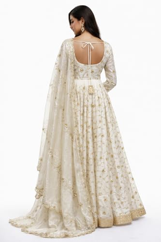 Glinty Chic Women's White and Gold Embroidered Anarkali Gown with Dupatta, Floral Sequin Work, Sweetheart Neck, Ethnic Wear (in, Alpha, M, Regular)