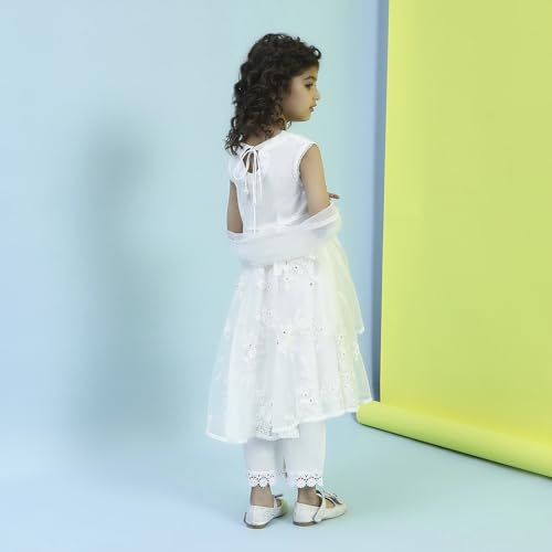 Biba Girl's Nylon Kurta, Bottom, Dupatta (KWMOGRA6301SS25OWHT_Off White
