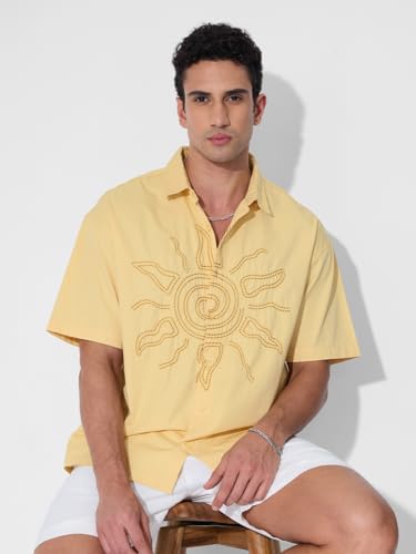 The Souled Store Oversized Shirt: Solar Men and Boys Short Sleeves Collared Neck Button Front Yellow Embroidered Cotton Oversized Holiday Shirts