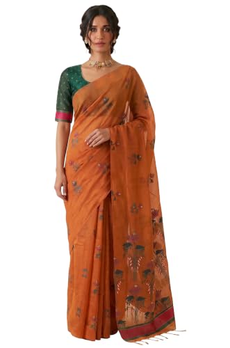 Label Aarna Women's Tangerine Cotton Saree with Unstitched Blouse Piece | Woven | Motifs Across Pallu | Modern Saree