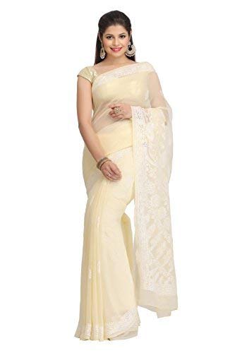 Ada Hand Embroidered Chikankari Georgette Fawn Saree for Women A130223