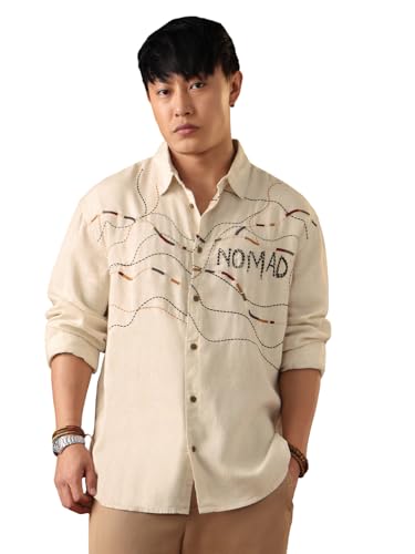 The Souled Store Nomad: Lines of Stitch Men and Boys Long Sleeve Spread Collar Beige Embroidered Linen Blend Casual Lightweight Easy to Style Office Wear Oversized Shirt