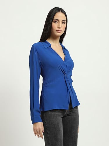 Label RITU KUMAR Royal Blue, Collar Neck Full Sleevess Solid Top
