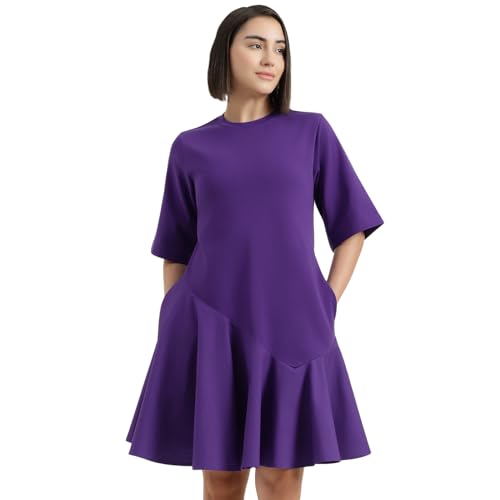 United Colors of Benetton Round Neck Solid Dress (Size : XS) - 26P3099W3823IV19 Purple