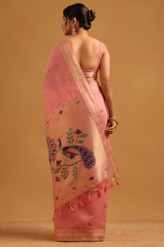 Soch Womens Pink Chanderi Bird Motifs Zari Woven Saree With Tassel