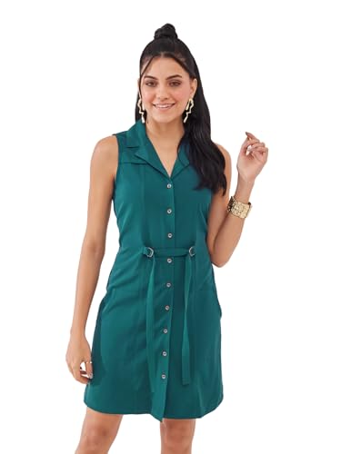 Latin Quarters Women's Teal Solid Sleeveless Collar Neck Casual Shirt Dress_S