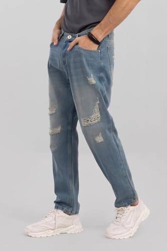 SNITCH Men Jeans | Baggy Fit with Distressed Design & Raw Cuffs | 100% Cotton Fabric for Streetwear & Summer Casuals |Blue