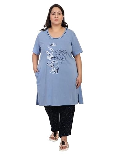 CUPID Woman Printed Plus Size Cotton Night Dress, Loungewear, Nightwear, Night Suit, Daily Use Top n Pyjama Set with Pocket for Ladies_Black/Blue_7XL