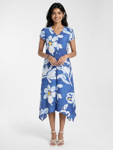 Max Women Floral Print Asymmetric Dress (Blue_M)