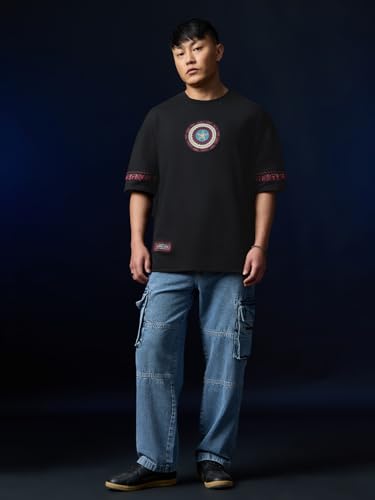 The Souled Store Captain America: Indie Shield Men and Boys Short Sleeves Round Neck Black Embroidered Casual Lightweight Drop Shoulder Streetwear Trendy Oversized T-Shirt