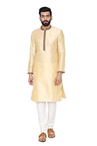 Manyavar Men's Art Silk Solid Regular Kurta and Churidar Set (S952714-304_Cream_L)
