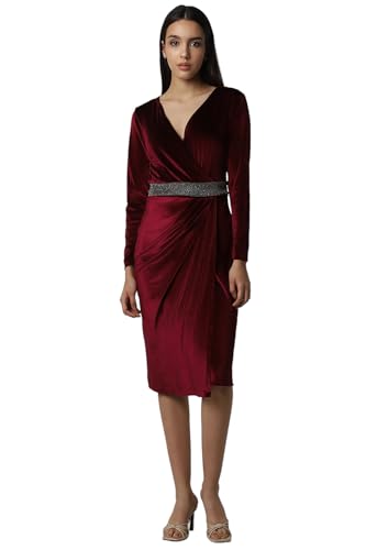 Van Heusen Women's Polyester Blend Shift Knee-Length Dress (VWCDERGHX23055_Maroon