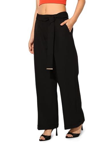 ONLY Women Loose Fit High-Rise Black Pants with Belt