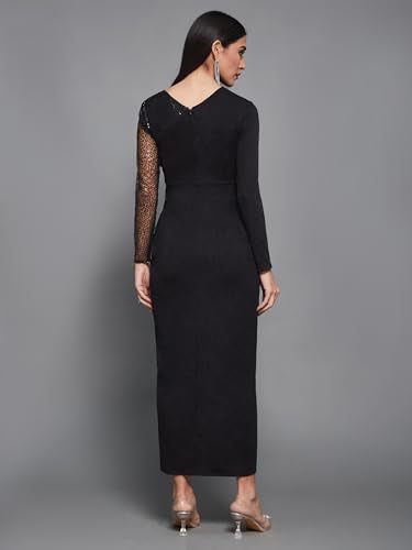Miss Chase Women's Fit and Flare Full Length Pleated V-Neck Full Sleeve Dress (MCAW23D13-86-62-07, Black, 2XL)