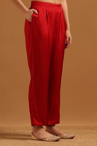 Soch Womens Red Muslin Floral Salwar Suit With Sequins